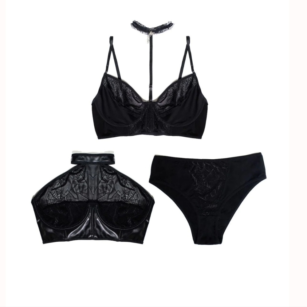Fantasy Halloween Goth Cobweb Bra Panty Set (3-Piece) Plus Size - New in package